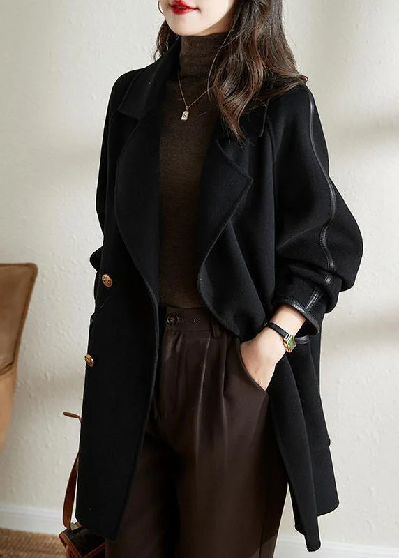 Cozy Chic Trends Women Black Double Breast Patchwork Woolen Coat Outwear Fall