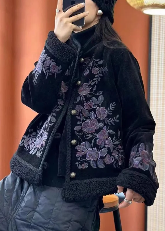 Cozy Dress Women Black Embroideried Button Cotton Filled Coats Long Sleeve