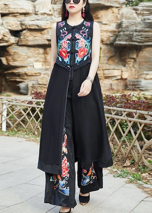Comfortable Lounge Wear Women Black Embroideried Chinese Button Patchwork Silk Long Waistcoat Sleeveless