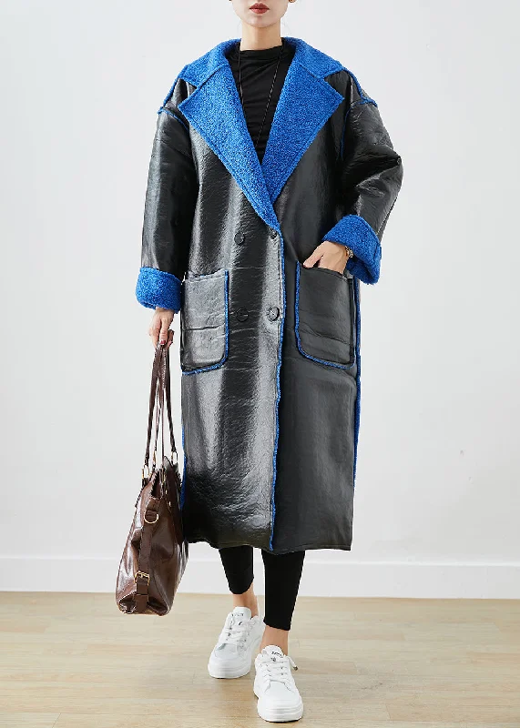 Chic Comfort Wear Women Black Fleece Wool Lined Wear On Both Sides Faux Leather Coat Outwear Winter