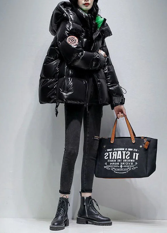 Simple Design Women Black Hooded Drawstring Streetwear Duck Down Down Coat Winter