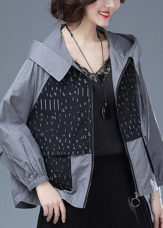 Personalized Wear Women Black Hooded Print Pockets Patchwork Cotton Tops Coats Fall