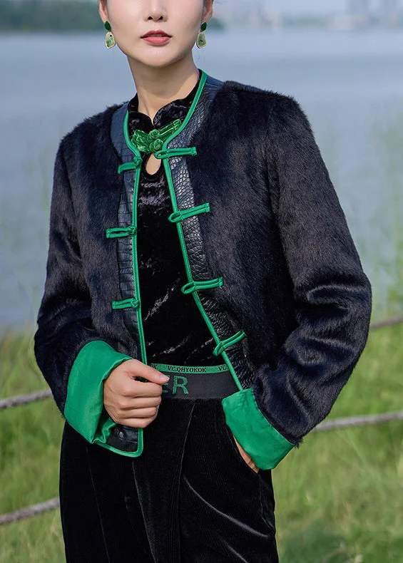 Trendy Items Women Black O-Neck Patchwork Button Velour Coats Long Sleeve