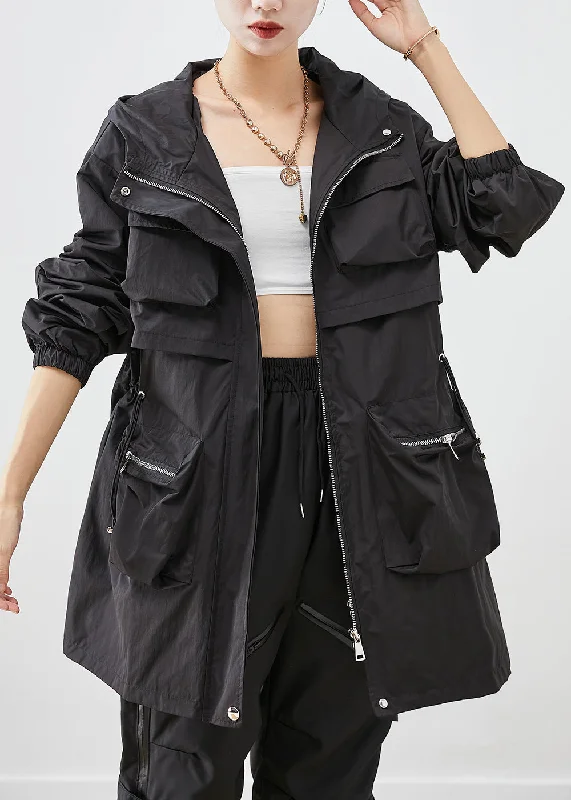 Classic And Versatile Women Black Oversized Patchwork Pockets Spandex Coat Fall
