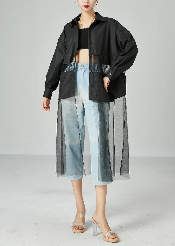 Cool Style Women Black Oversized Tulle Patchwork Hollow Out Cotton Long Coat Summer