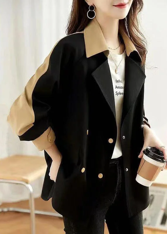 Minimal Style Women Black Peter Pan Collar Button Patchwork Cotton Coat Fall