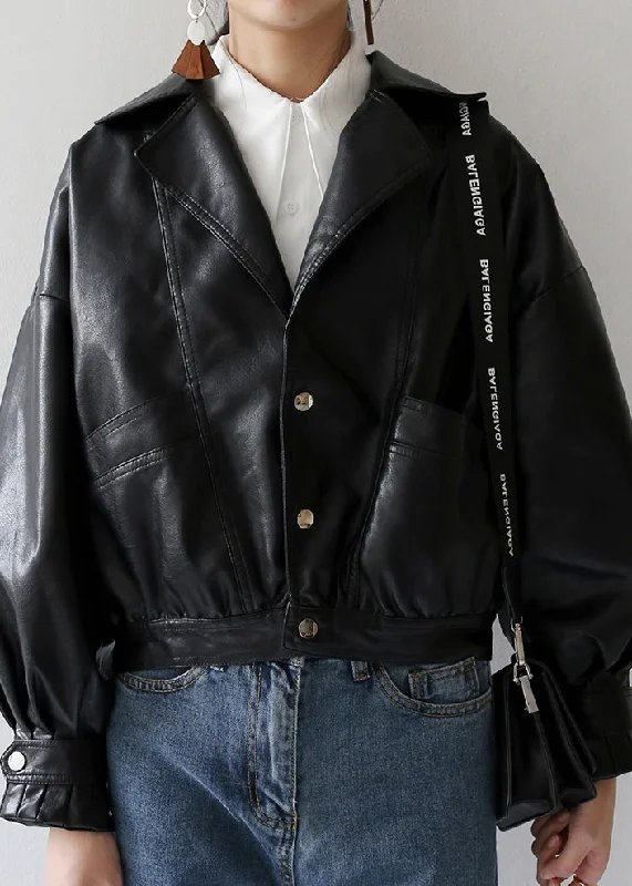Fashion Design Women Black Peter Pan Collar Pockets Patchwork Faux Leather Jackets Fall