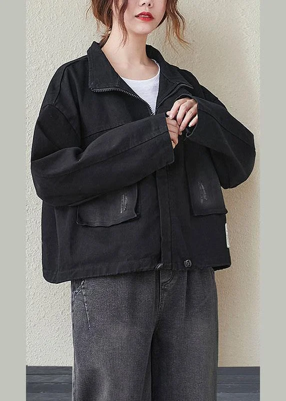 Cozy Look Women Black Pockets zippered drawstring Fall Denim Long sleeve Coat