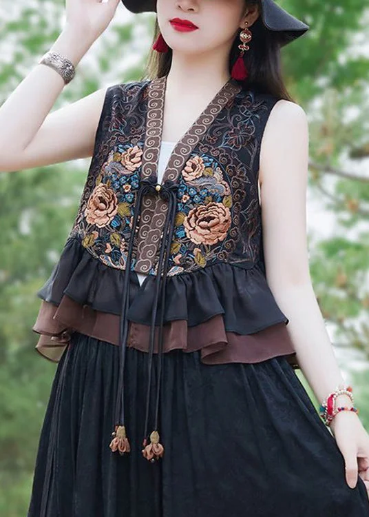 Retro Fashion Women Black Ruffled Tasseled Patchwork Silk Waistcoat Sleeveless