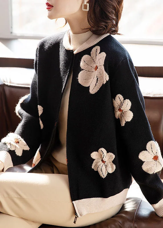 Fashion Touch Women Black Stand Collar Embroideried Floral Woolen Coats Long Sleeve
