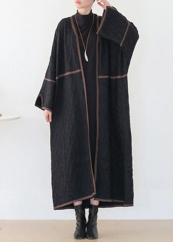 Elegant Comfort Women Black V Neck Patchwork Woolen Trench Coats Long Sleeve