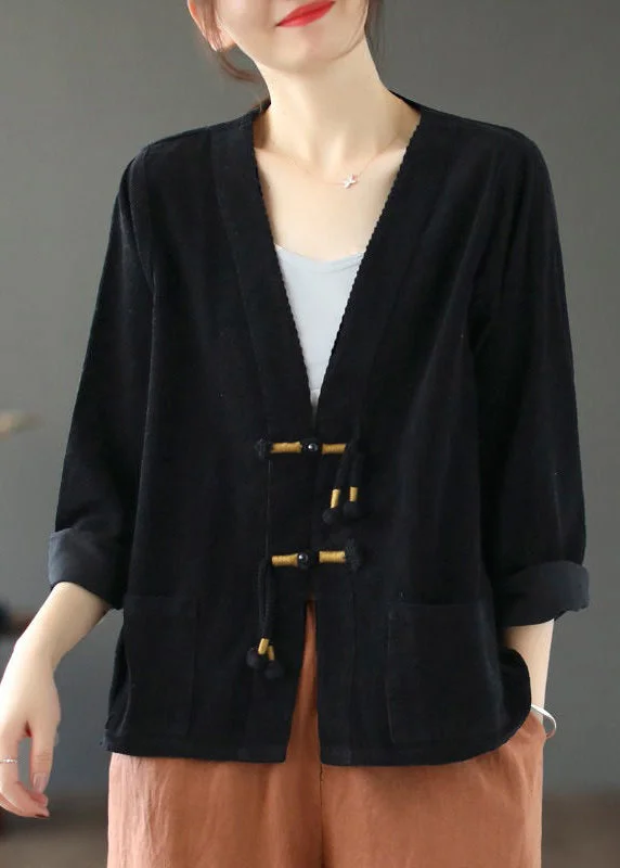 Spring Fashion Women Black V Neck Tasseled Button Patchwork Corduroy Coat Fall
