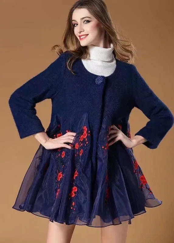 High Street Series Women Blue Organza Patchwork Embroideried Wool Coats Winter