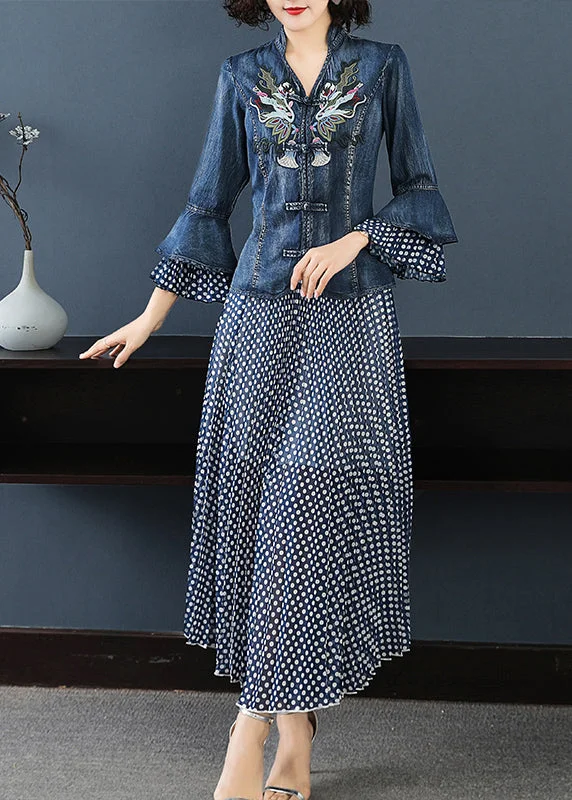 High-end Fashion Women Blue Stand Collar Embroideried Patchwork Cotton Denim Coats Dot print Chiffon skirt Two Pieces Set flare sleeve