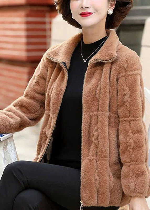 Exclusive Customization Women Camel Solid Color Collar Zip Up Mink Hair Knitted Coats Winter