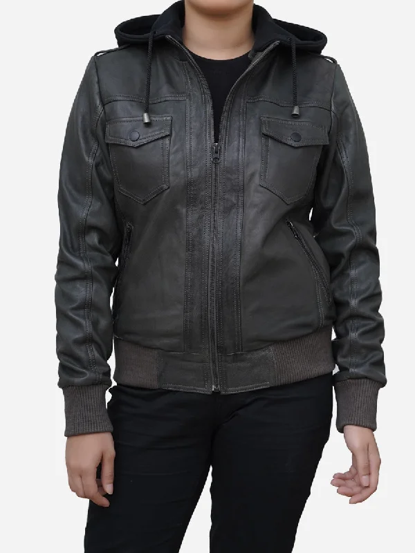 Comfortable And Cold-proof Women's Grey Real Lambskin Leather Hoodie Jacket