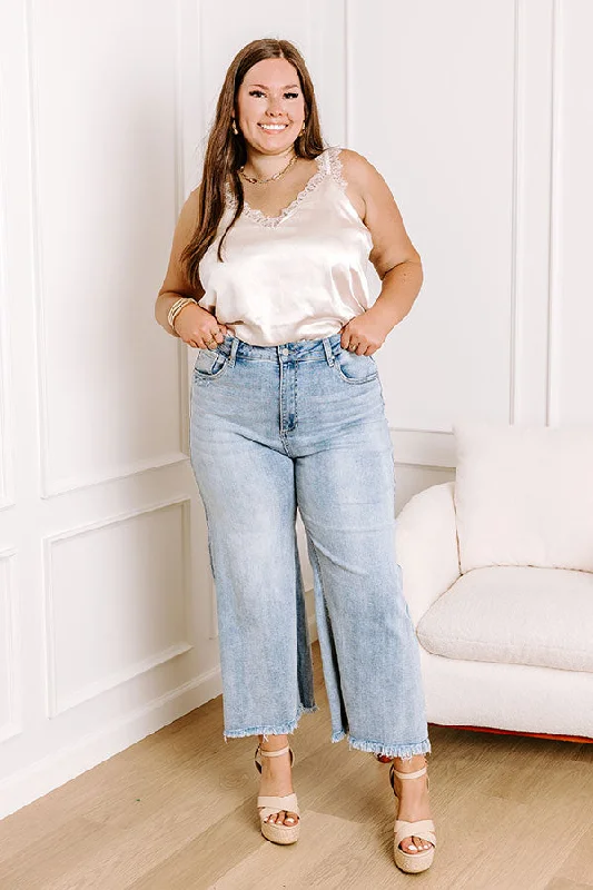 Embroidered Letters Risen Samantha High Waist Wide Leg Jean in Light Wash Curves