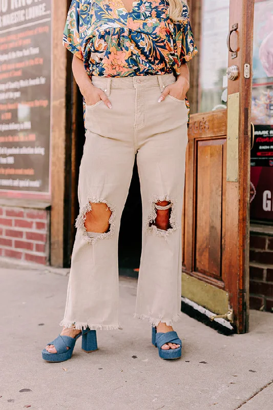 Thin Design Risen The Eras High Waist Distressed Jean in Beige Curves