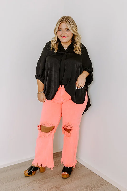 Embroidered Letters Risen The Eras High Waist Distressed Jean in Coral Curves