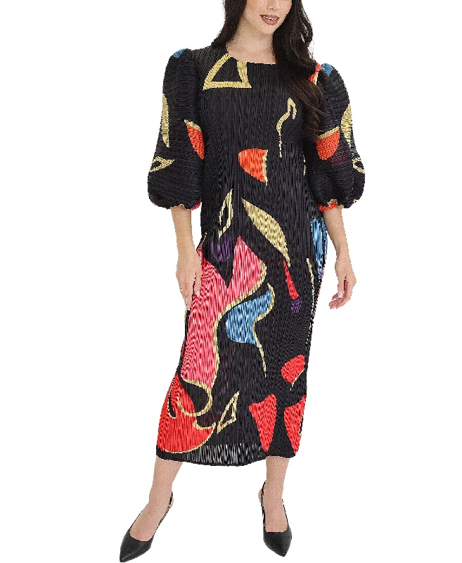 Abstract Print Plisse Midi Dress