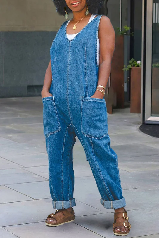 Stylish Patched Pocket Denim Jumpsuit