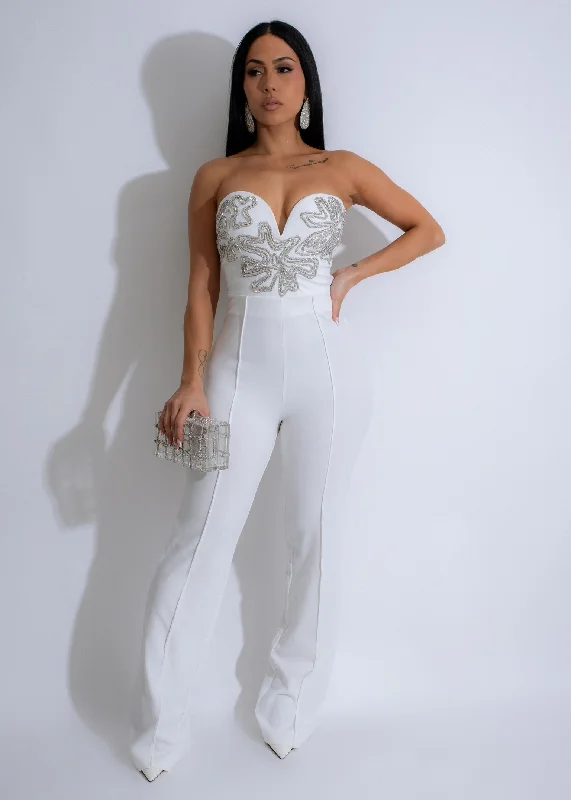 Cool Breeze At Night Celestial Bloom Rhinestones Jumpsuit White