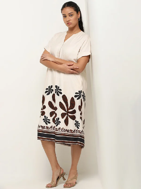 Relaxed Fit Gia Beige Floral Printed Straight Dress