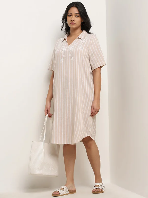 Effortless Comfort Gia Beige Striped Design Blended Linen Shirt Dress