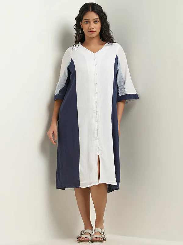 Effortless Wear Gia Curves White Colour-Blocked Casual Cotton Straight Dress