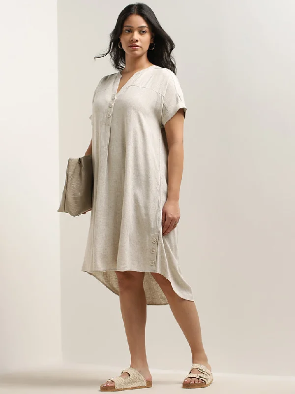 Comfortable Fitwear Gia Off-White Blended Linen High-Low Dress