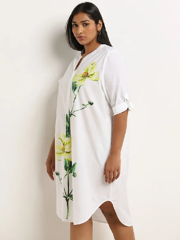 High-end Design Gia White Floral Printed Straight Cotton Dress
