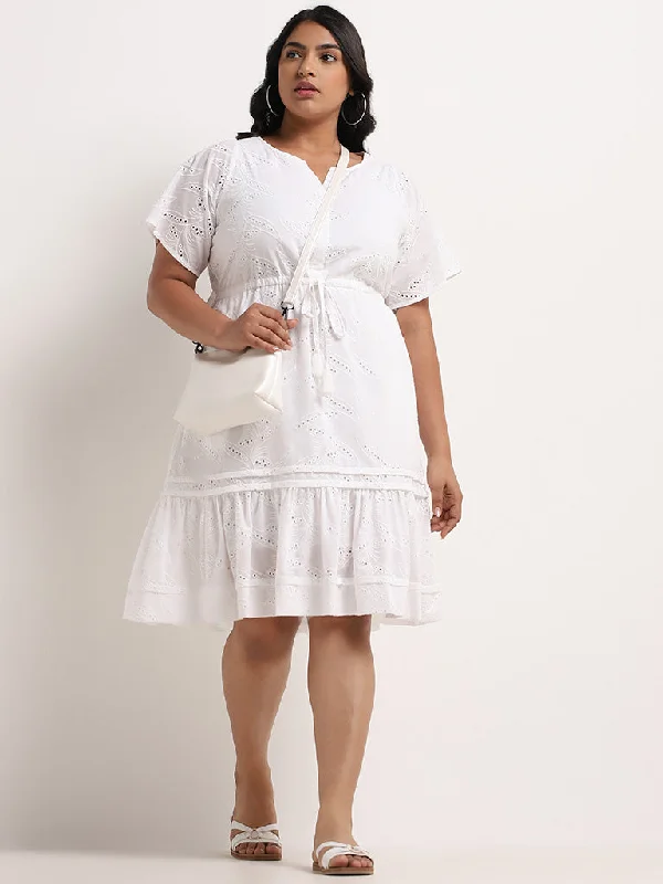 Loose Fit Gia White Schiffli Design Cotton Tiered Dress