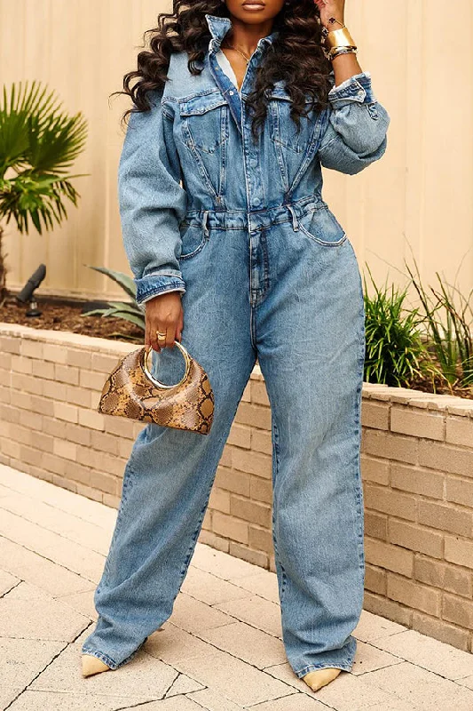 Casual Loose Denim Wide Leg Jumpsuits