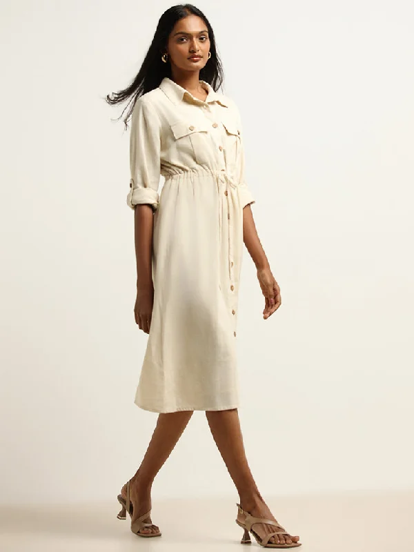 Soft Comfort LOV Beige Blended Linen Shirt Dress