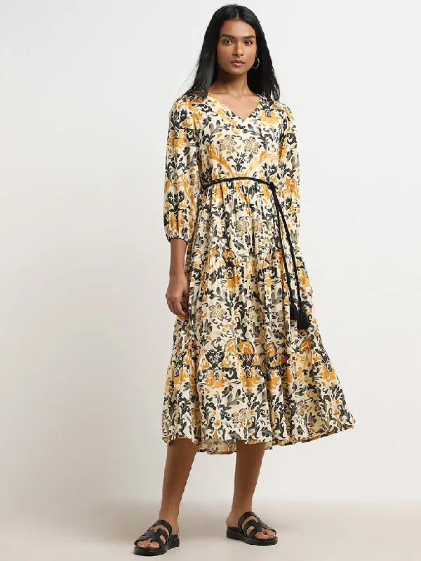 Elegant Outline LOV Beige Floral Printed Tiered Dress with Belt