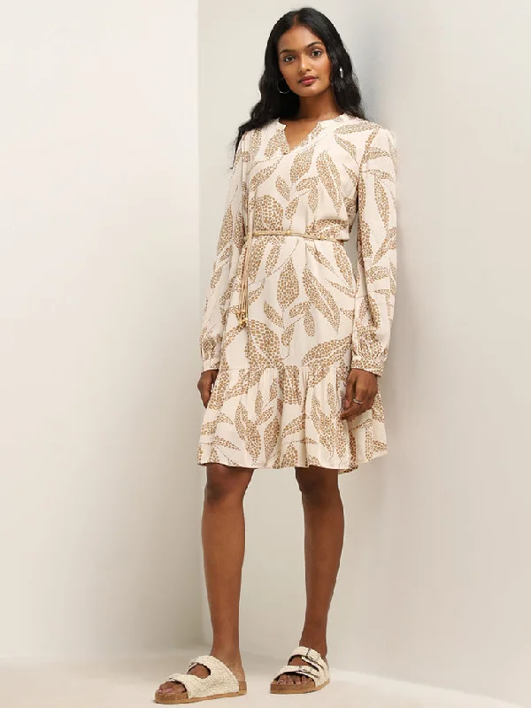 Elegant And Charming LOV Beige Leaf Printed Tiered Dress with Belt