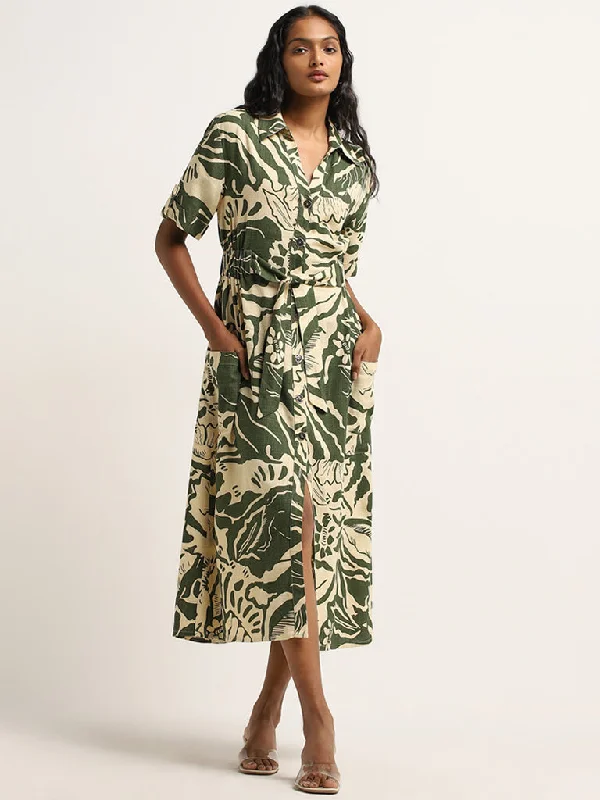 Smart Comfort Wear LOV Beige & Olive Printed Blended Linen Shirt Dress