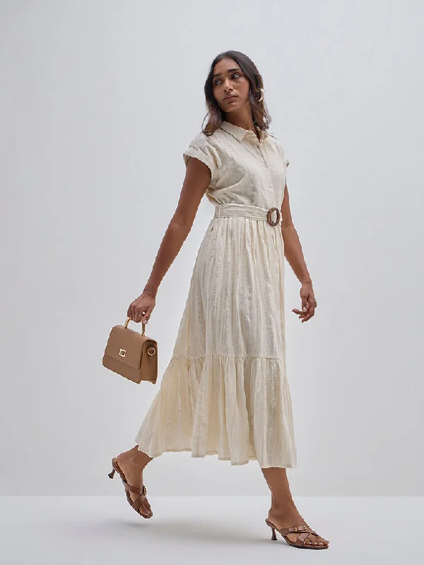 Denim Design LOV Beige Self Tiered Cotton Shirt Dress with Belt