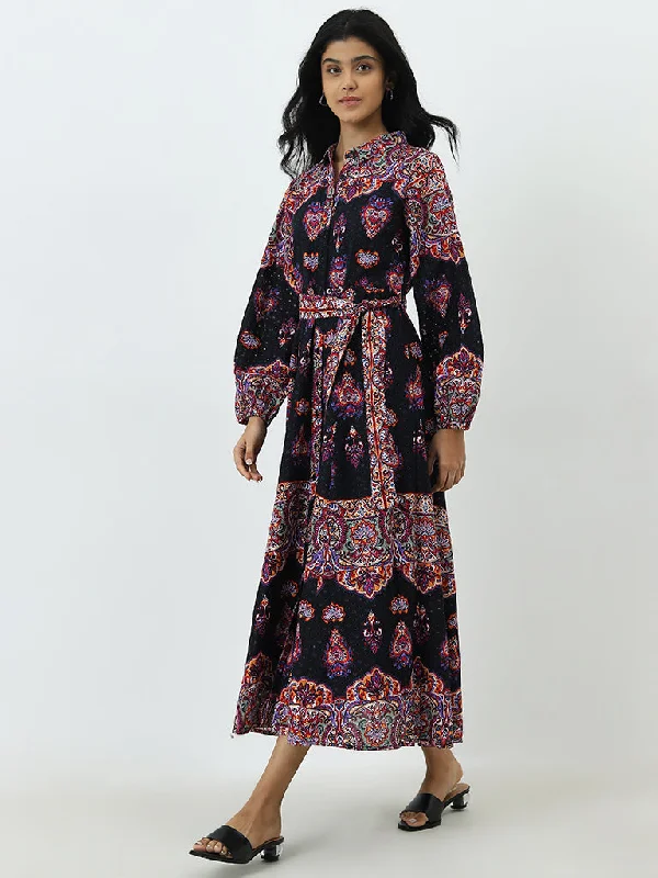 Everyday Chic LOV Black Schiffli Printed A-Line Cotton Dress with Belt