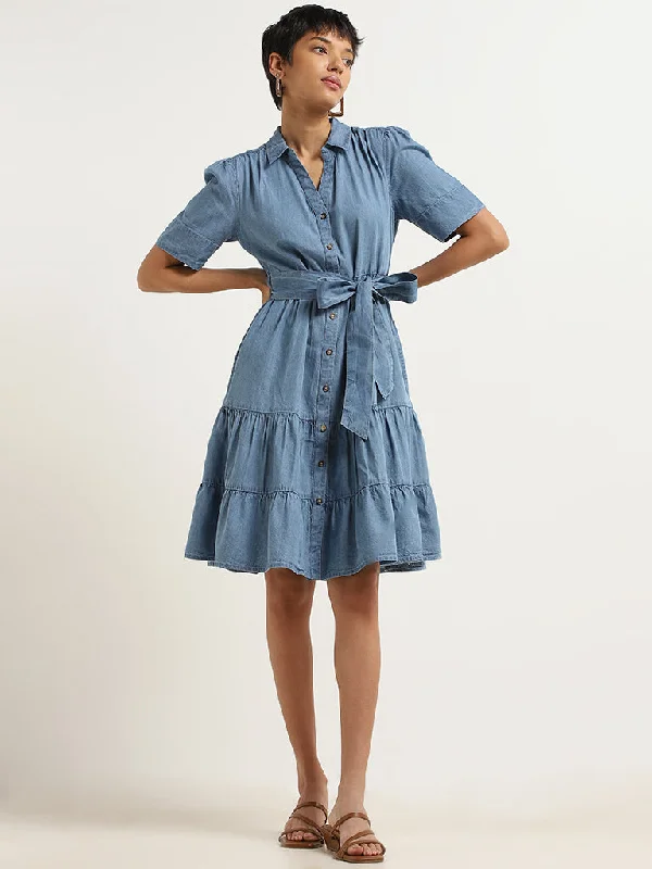 Elegant Style LOV Blue Denim Shirt Dress with Belt
