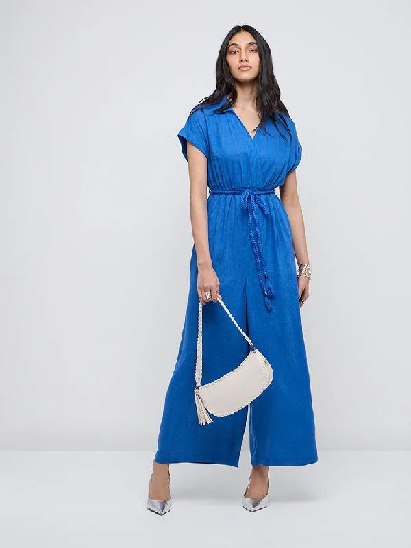 LOV Blue Solid Blended Linen Jumpsuit with Belt