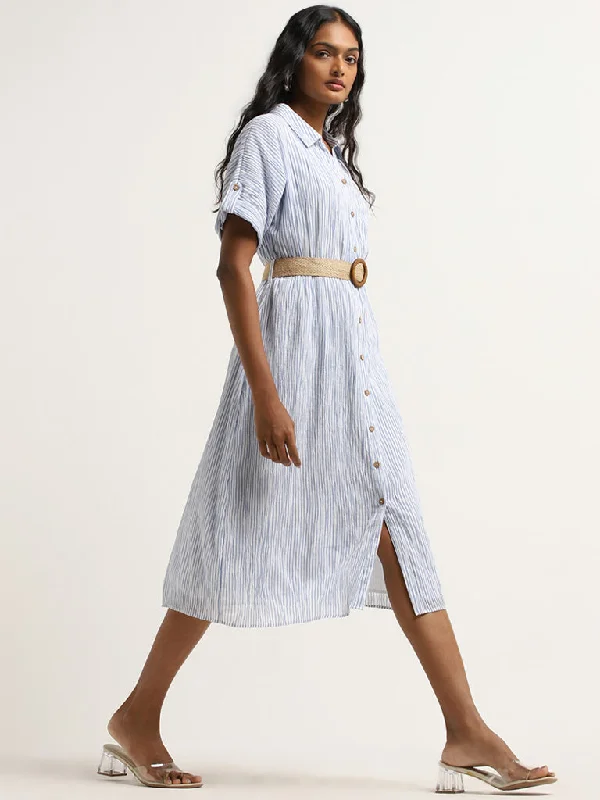 Cozy Outerwear LOV Blue Striped Design Shirt Cotton Dress With Belt