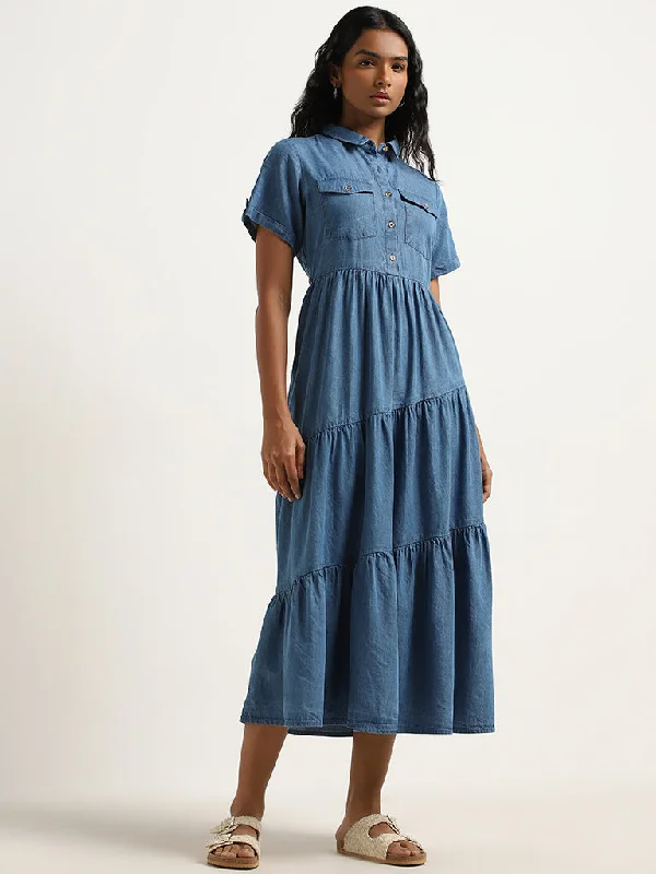 Energy Plan LOV Dark Blue Asymmetrical Tiered Shirt Dress