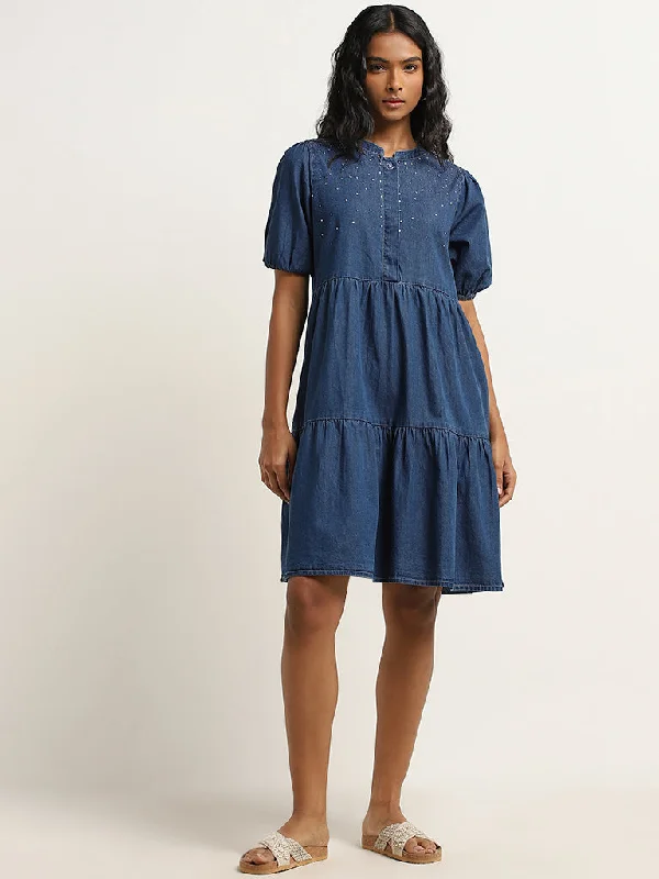 Embroidery Design LOV Dark Blue Diamante Detailed Denim Tiered Dress