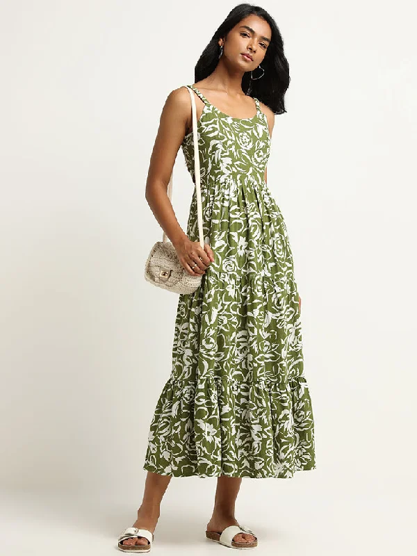 Celebrity Style LOV Green Floral Print Blended Linen Midi Dress
