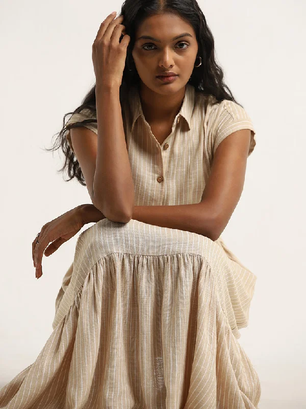 Cozy Fitting LOV Light Beige Tiered Blended Linen Shirt Dress with Belt
