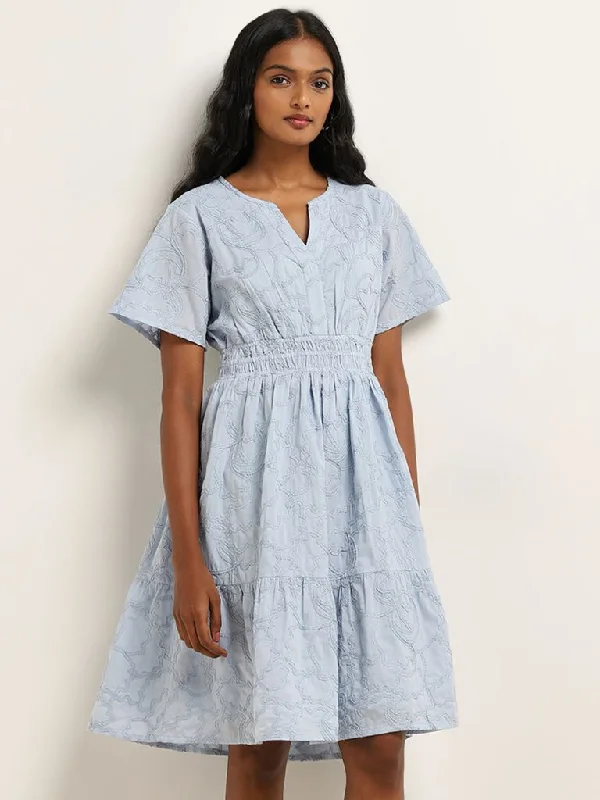 French Style LOV Light Blue Embroidered Tiered Cotton Dress