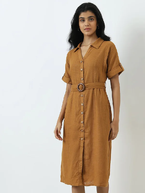 LOV Light Brown Solid A-Line Dress with Belt