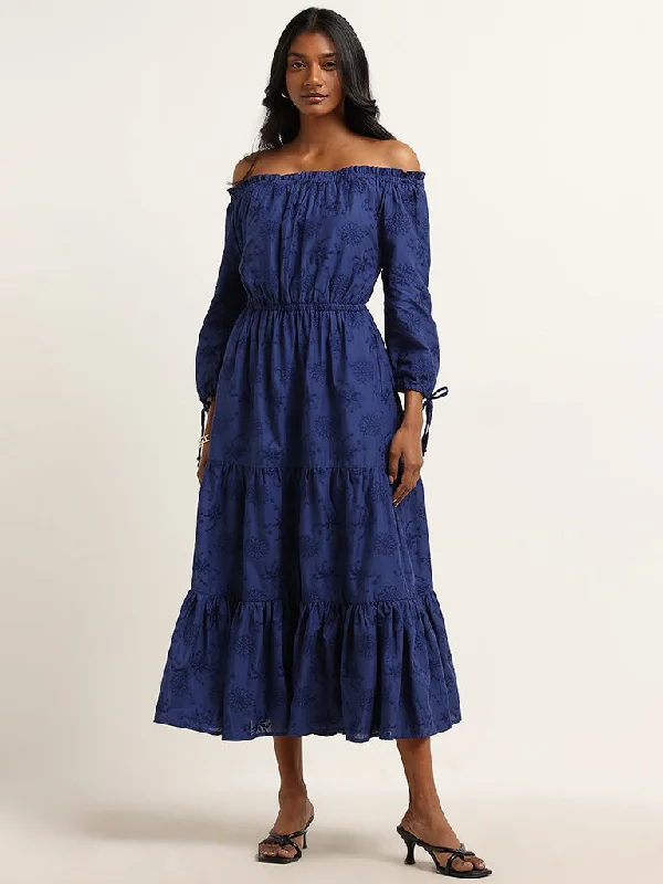 Casual And Comfortable LOV Navy Schiffli Design Cotton Tiered Dress