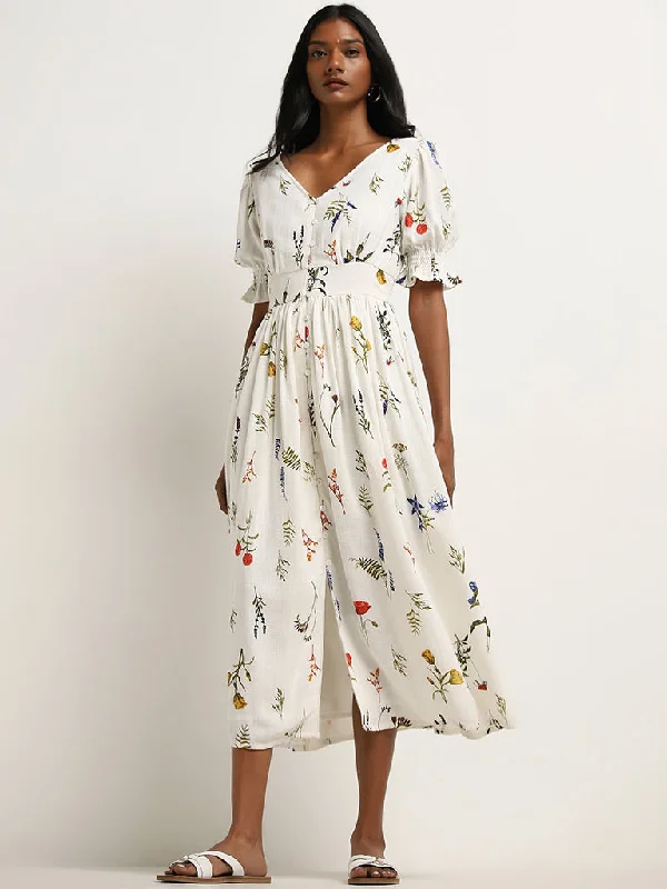Personalized Wear LOV Off-White Floral Printed A-Line Blended Linen Dress